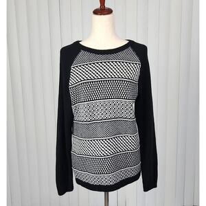 Talbots Nordic Fair Isle Lambswool Sweater Raglan Sleeve Black White Size Large